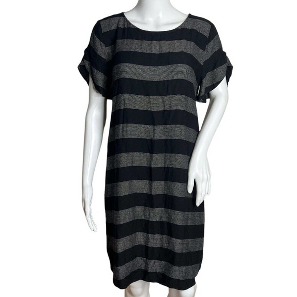 Loft Dress Womens Medium Black White Dot Wide Stripe Shift Neutral Minimalist